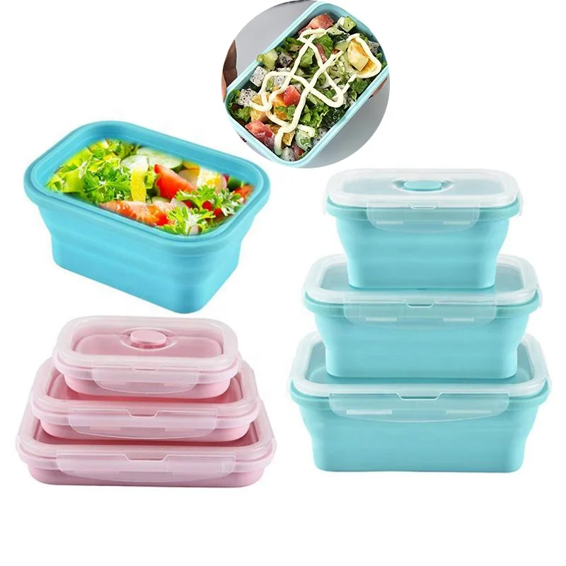 Food grade 4 pcs silicone box collaps lunch silicon, hot sales microwaveable silicone collapsable snack containers collapsible