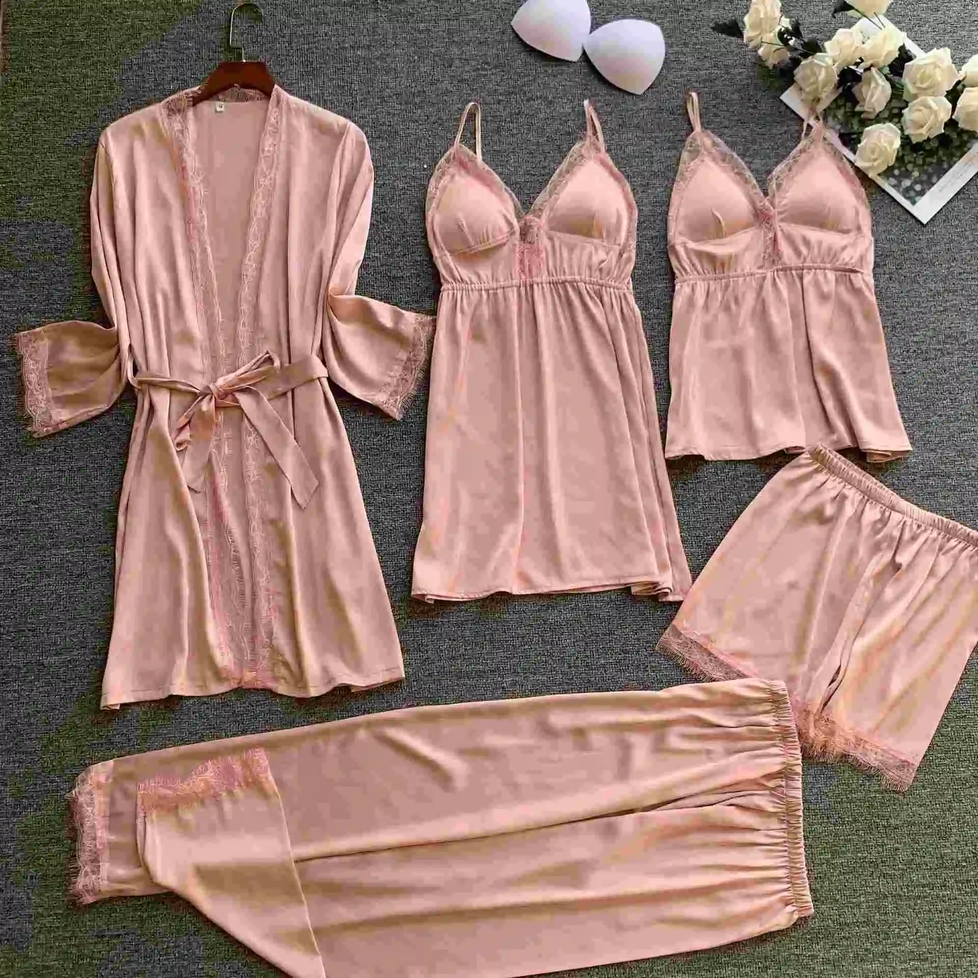 
NEW ARRIVAL wholesale 5 piece Satin Robe sets sexy lace babydoll for women summer lingerie Silky cami pajama set 