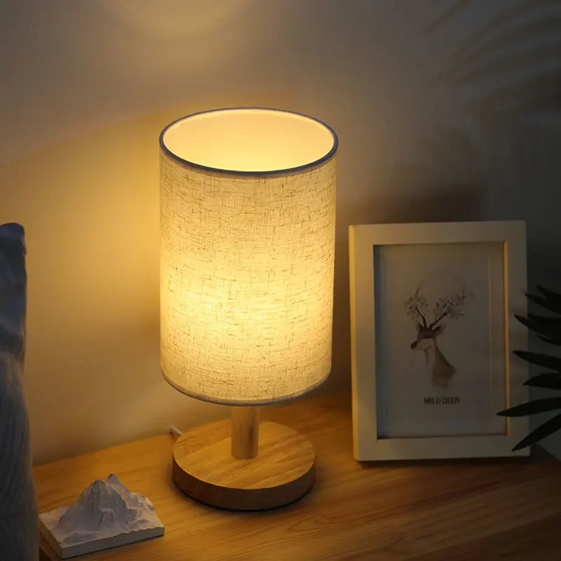 Bedroom Bedside LED Night Light Wooden Small USB Table Lamp Warm White Desk Reading Lamp with Round Fabric Shade for Kid Room