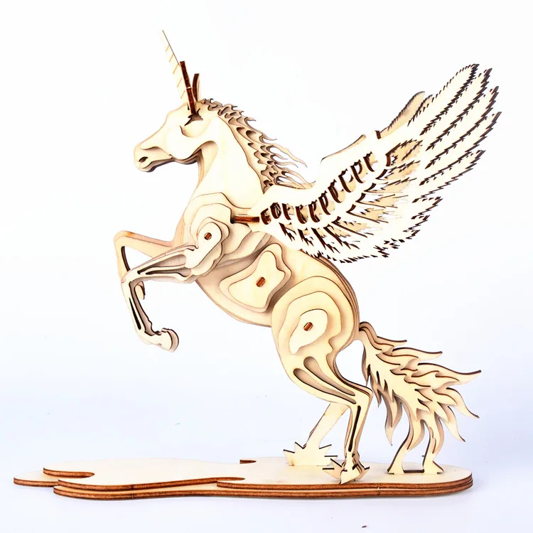 Ready to ship wholesale  laser cutting children educational Toy  Eco-friendly 3d wooden animal puzzle unicorn flying horse