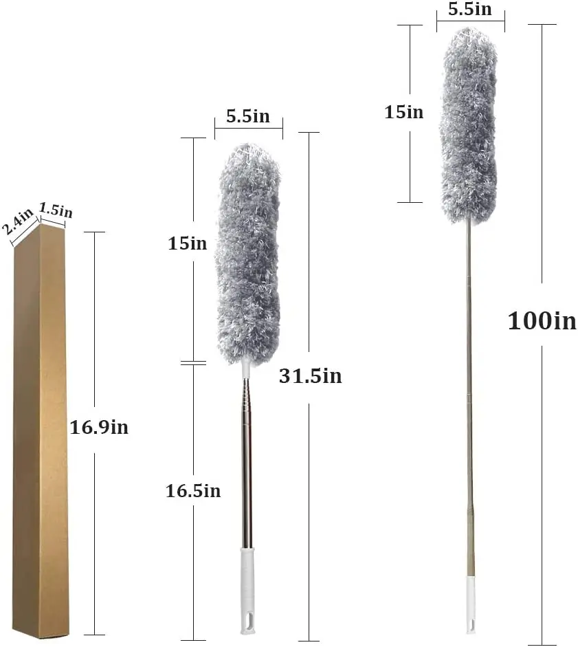 Retractable Microfiber Gap Dust Cleaner Extension Pole 31.5' to 100' Reusable Bendable Long Handle Feather