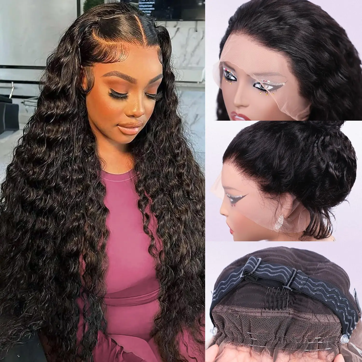 FH wholesale glueless 360 frontal wigs human hair invisible  hidden strap feature swiss transparent lace front  curly wig