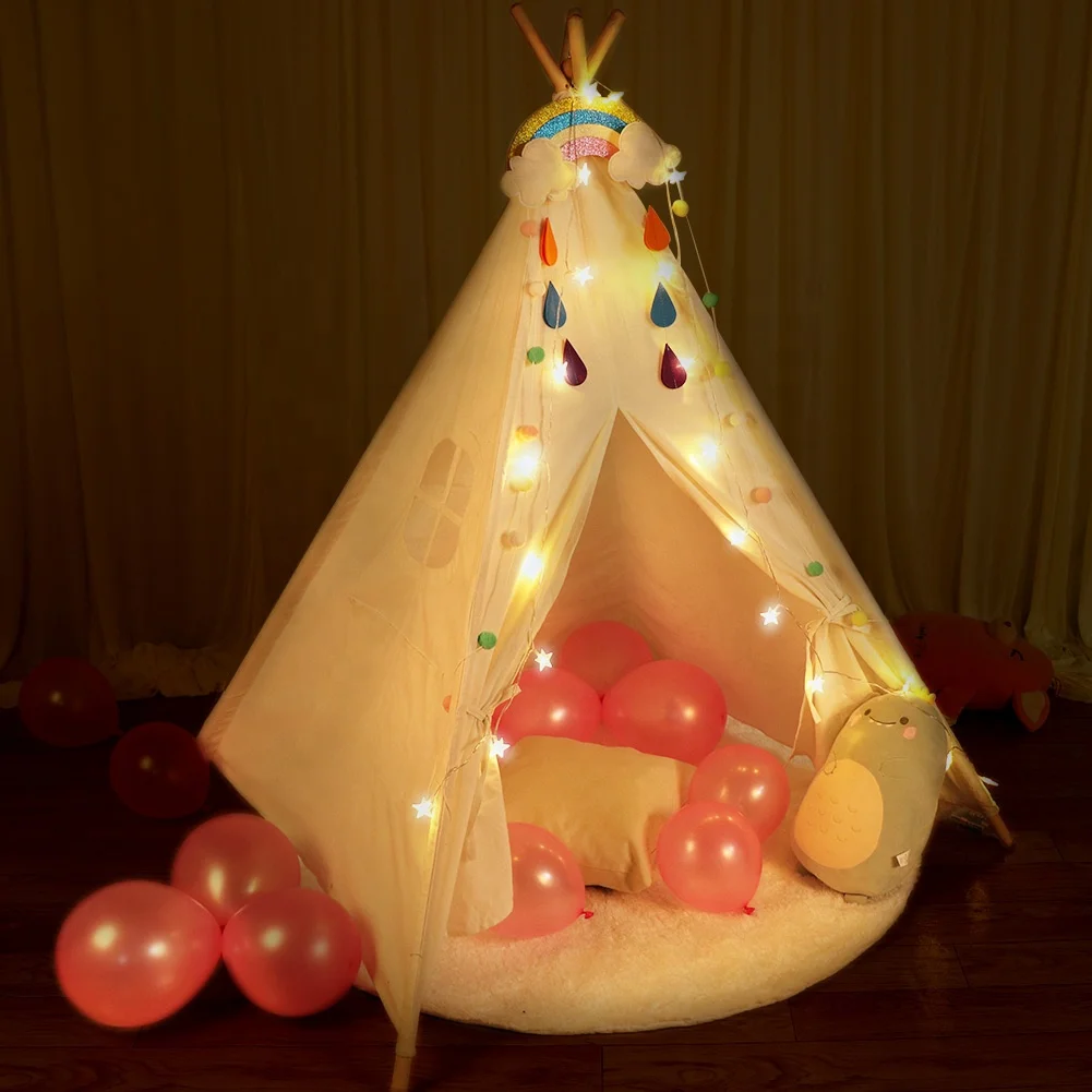 Children Castle Sleepover Triangular Tipi Kid  Teepee Play Tent Indoor House Teepee Kids Tents For Sale Kids With LED Light