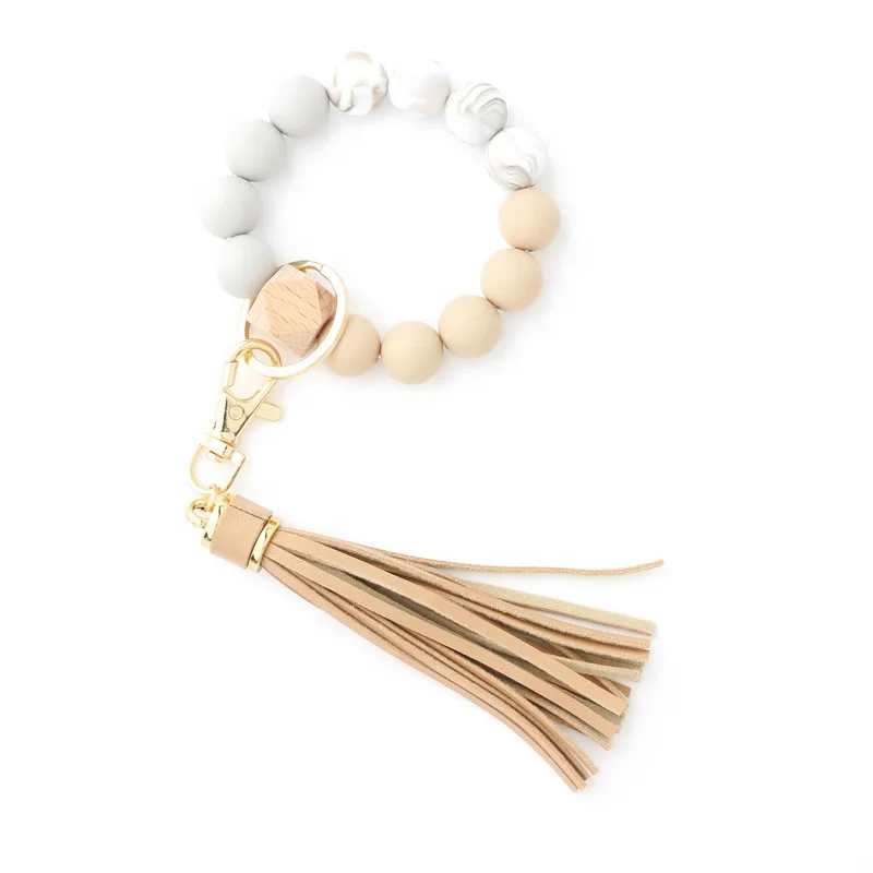 Silicone Beads Beech Wooden Beaded Wrist Bangle Key Ring Leather Tassel Bracelets Keychains for Women
