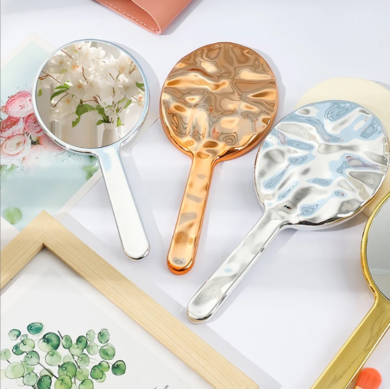 Electroplated Handle Makeup Mirrors Beauty Portable Custom Logo Round Hand Water Ripple Small Pocket mirrors
