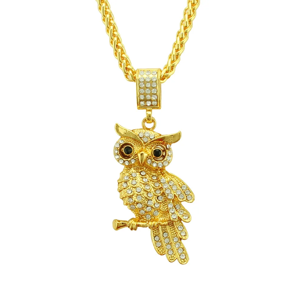 Fashion Simulated Diamond CZ 18K Gold Bling Full Iced Out Owl Pendant Necklace