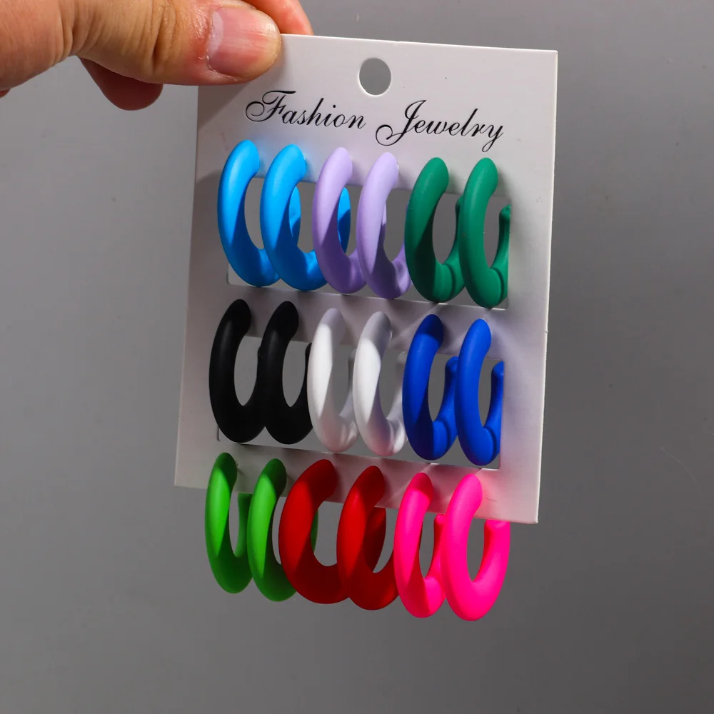 Korean Popular Fashion Jewelry Multicolor 9 pairs/sets  Water Drop Twist Geometric Personality Acrylic Hoop Earrings for Women