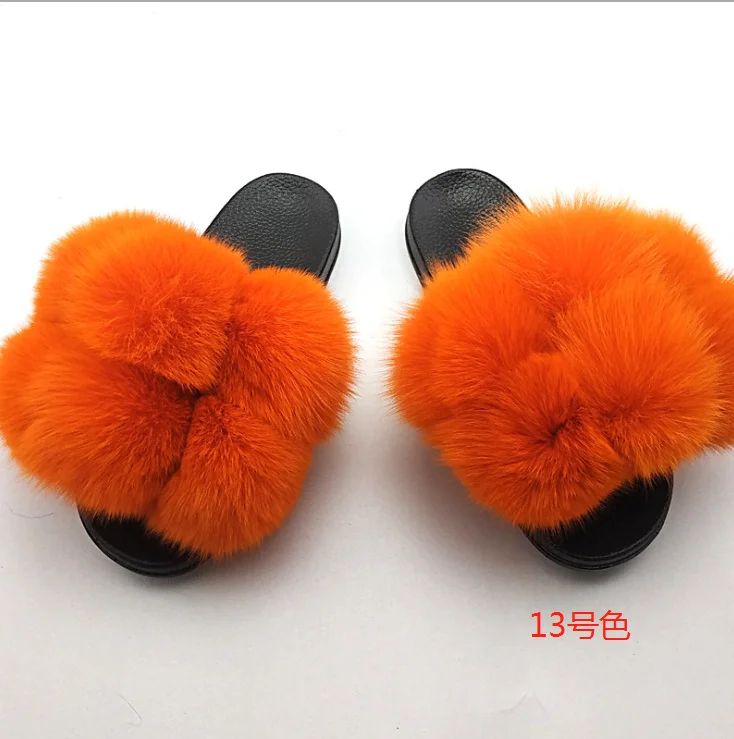 
Wholesale customized colorful cute pom pom balls fox fur slides fluffy multi-color fruffy fur slippers 