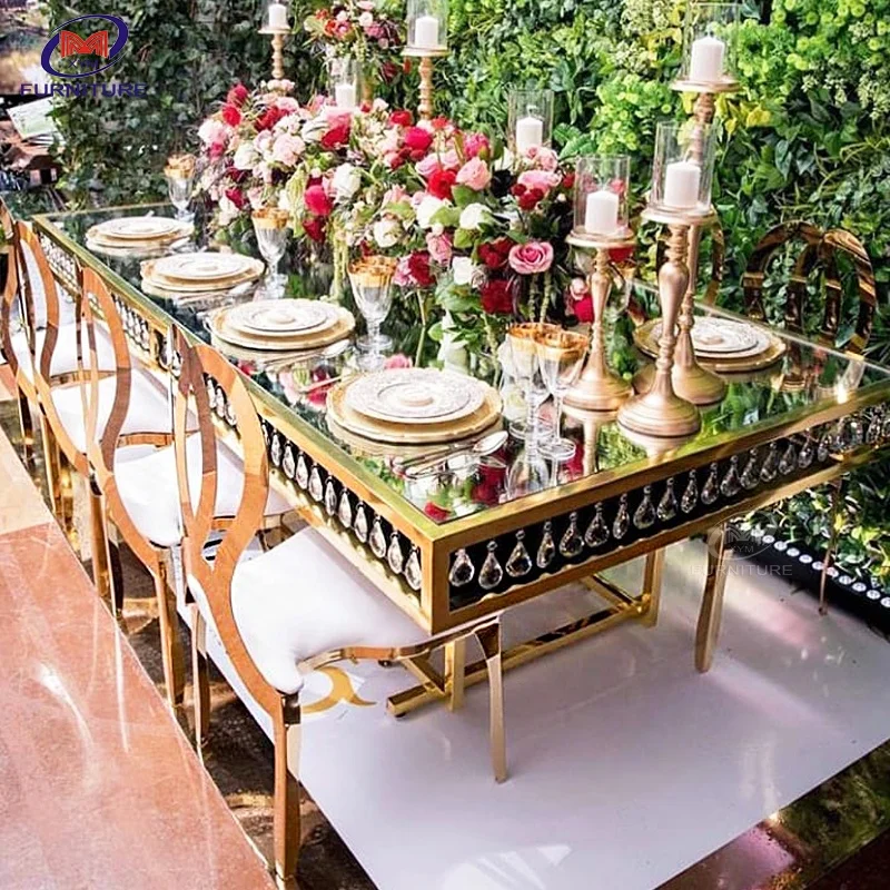 Industrial metal stainless steel luxury black 8 seater gold glass dining table set for events