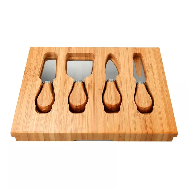 Bamboo Cheese Board with Cheese Tools, Cheese Plate Charcuterie Platter with Utensils Set and 4 Stainless Steel Cutting Knives