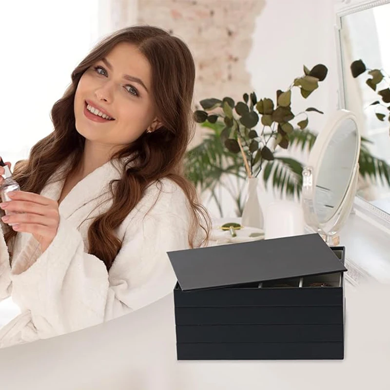 Jewelry Organizer Tray with Lid PU Leather Jewellery Storage Display case Extra Large Set of 4 Stackable Jewelry Organizer