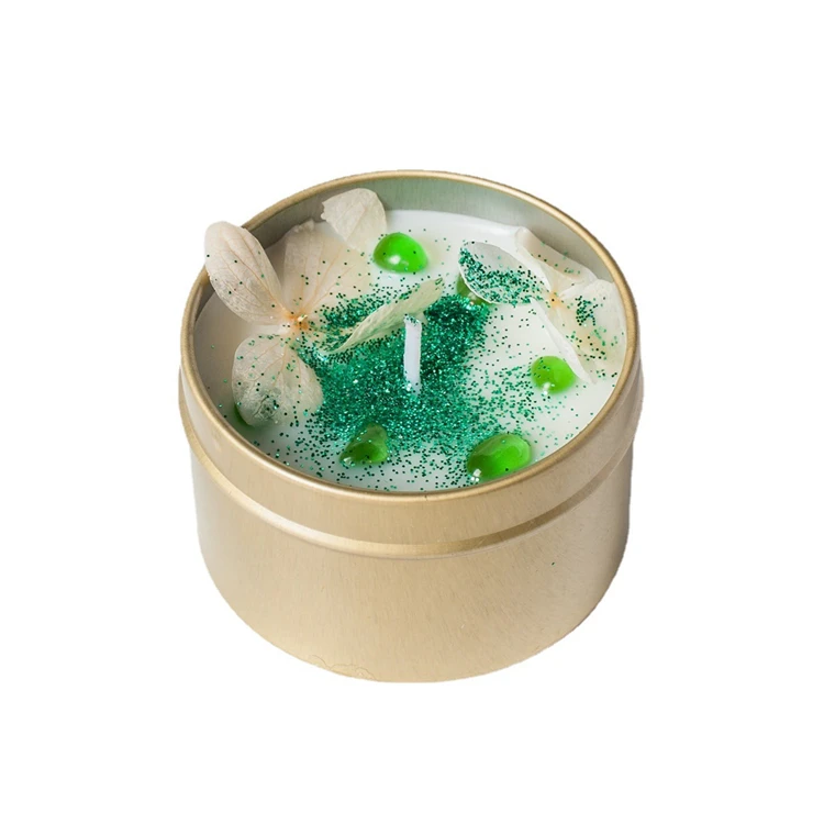 lidded handmade tin custom wholesale gifts fragrance soy wax luxury scented candle withdried flower and healing crystal