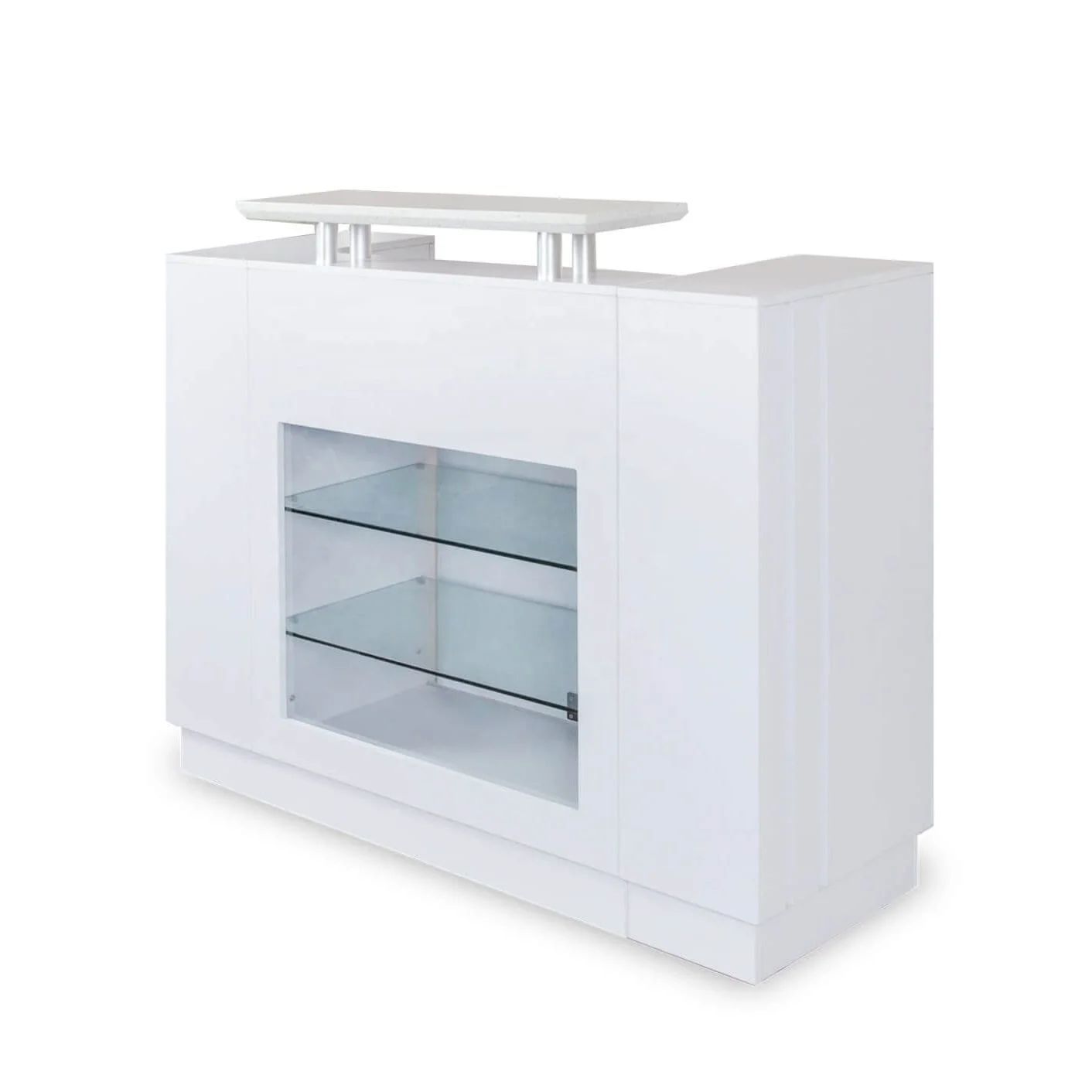 Front Desk Glass Beauty Salon Reception Desk With Display & Granite Top In White