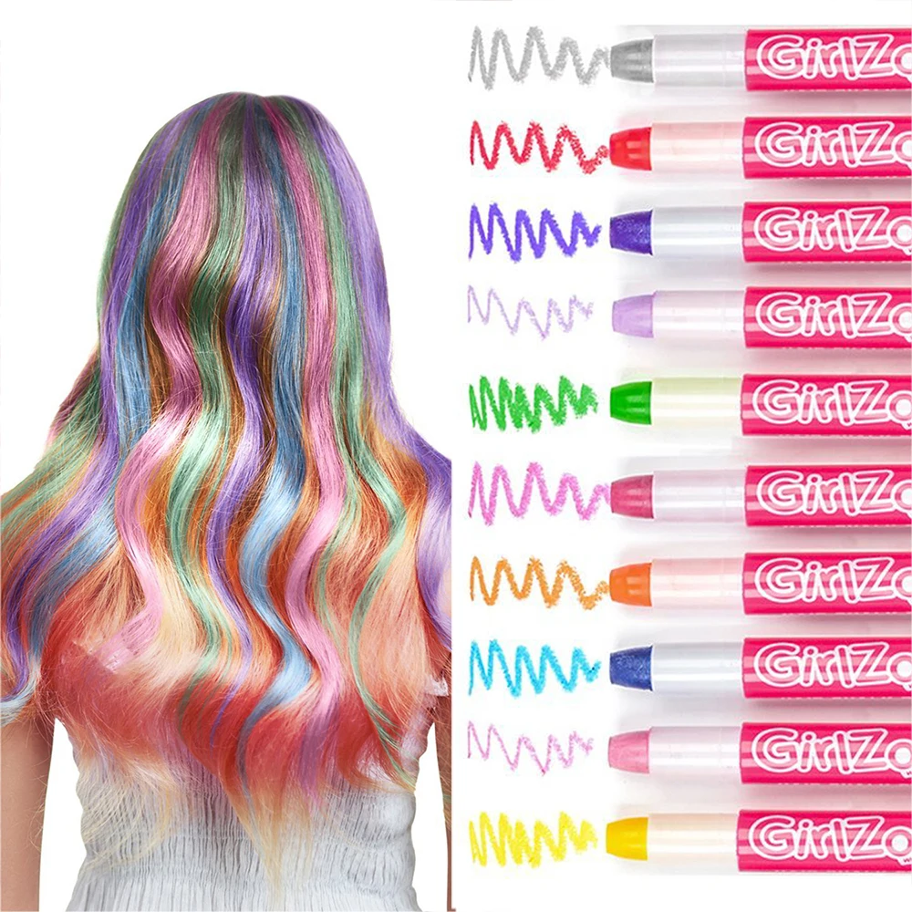 12 Temporary Color Hair Chalk Pens for Girls with Disposable Gloves and Cape Included