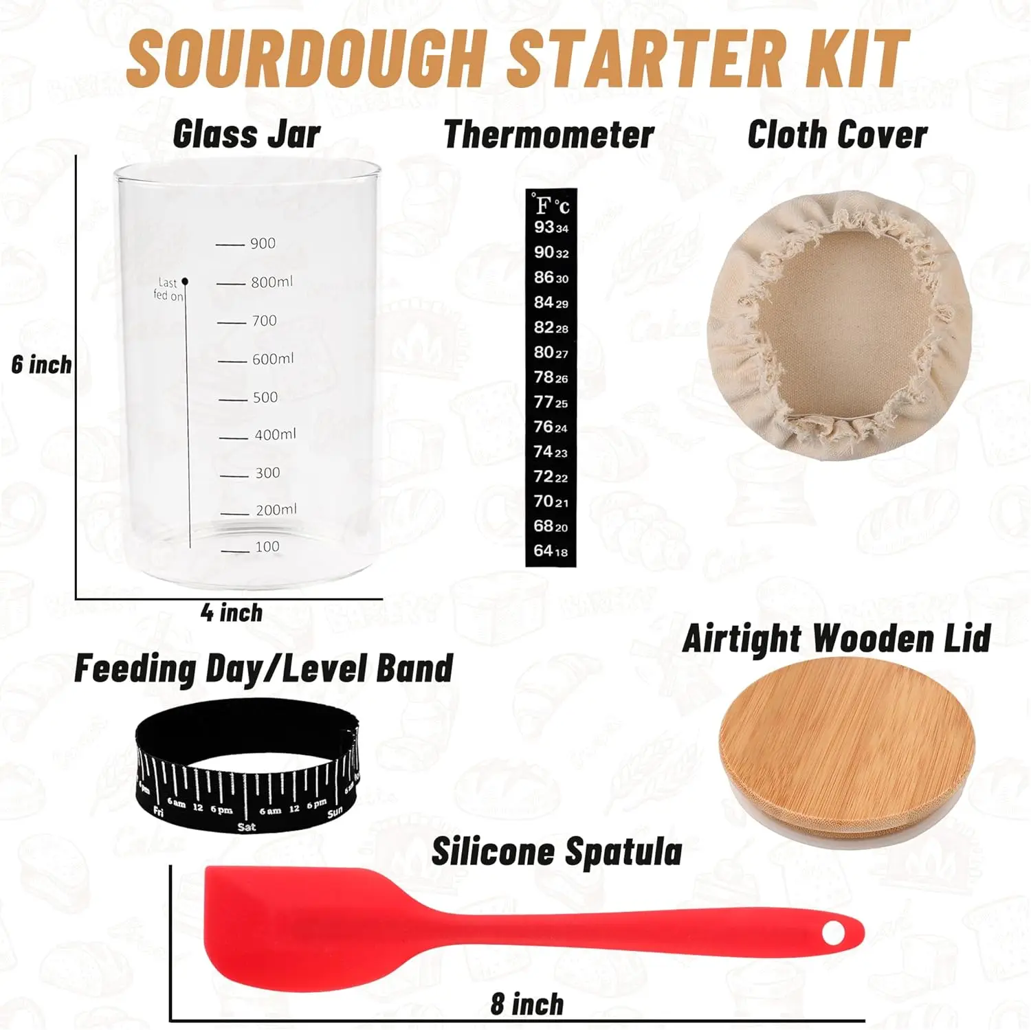 Sourdough Starter Jar Kit- 35 Oz Large Sourdough Starter Glass Jar with Date Marked Feeding Band Thermometer Spatula Cloth Cover