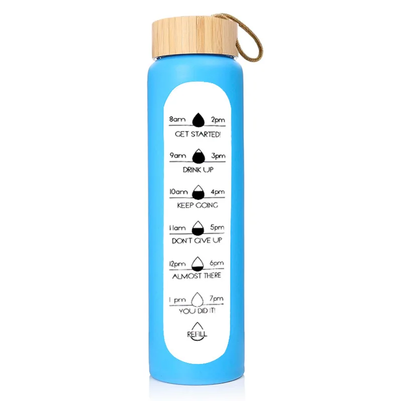 32OZ 1000ml bamboo lid glass bottle with time scale and silicone sleeve sport water cup bottle for Outdoor Travel Climbing