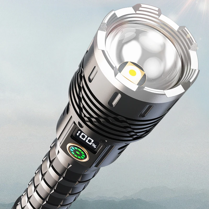 1000 Meters Long Range 30W LED Flashlight Long Style Non-slip Handle Outdoor Torches Support Output Stepless Dimming Flashlight