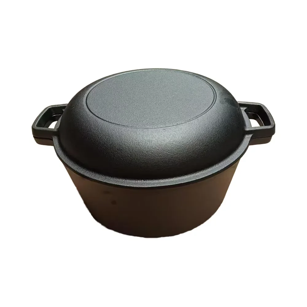 Cast Iron Dutch Oven with Vegetable Oil Coating round Metal Cast Iron Cookware for Cooking and Camping 2-in-1 saucepan