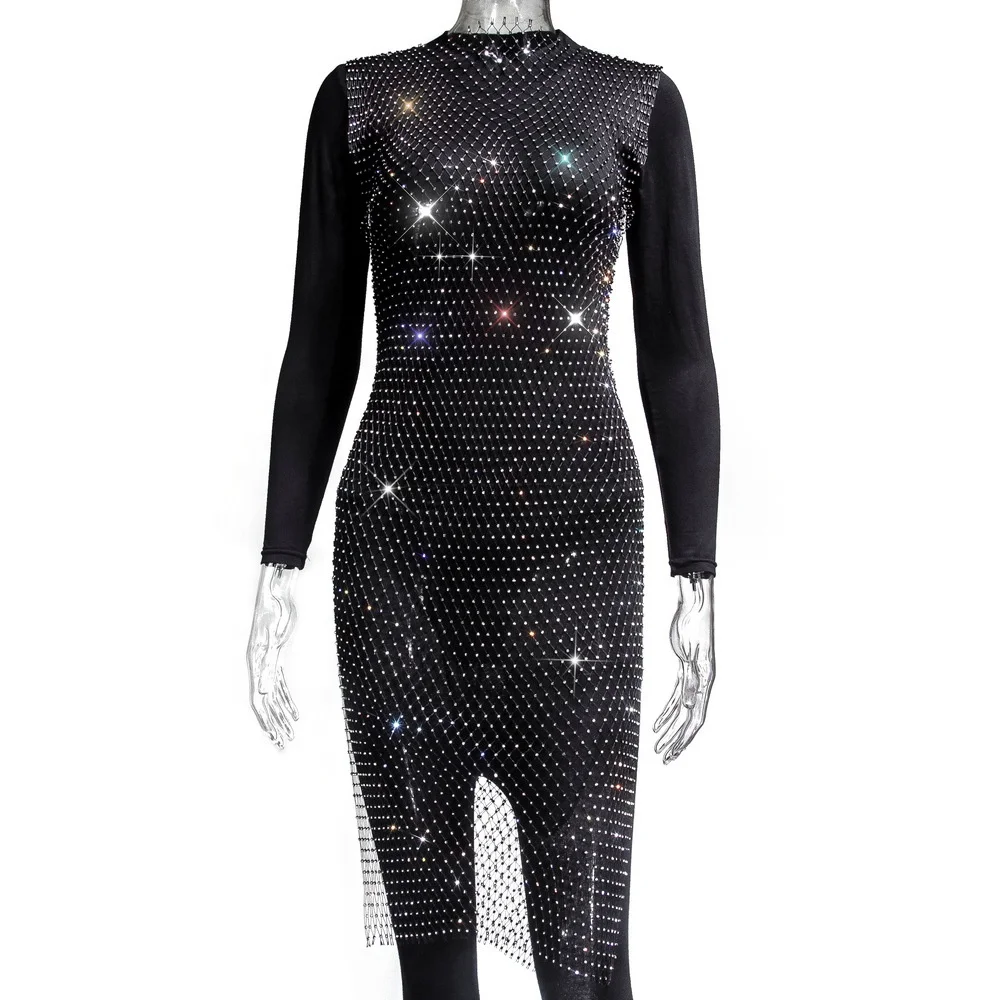 SHIHAN D7156 Hot Miami Styles Black Fishnet Dress Silver Rhinestone Cover Up Boho beach Dresses For Party women Drop Shipping