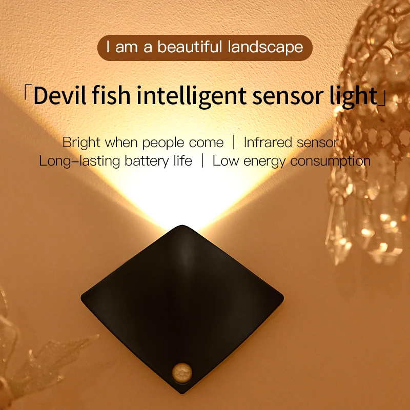 Modern Devil Fish Shape RGB Smart Home LED Night Lamp Wireless Wall Light Motion Sensor Battery Operated Bedroom Warehouse