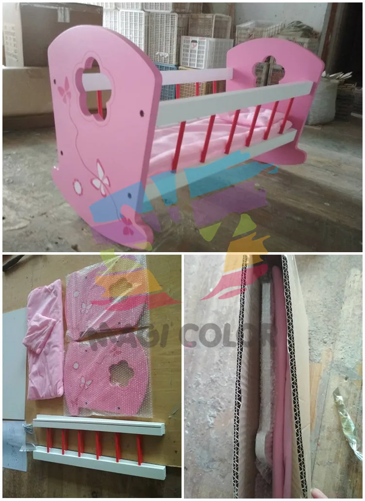 Toy Ready To Ship pink wooden baby doll crib for 18 inch dolls W06B052