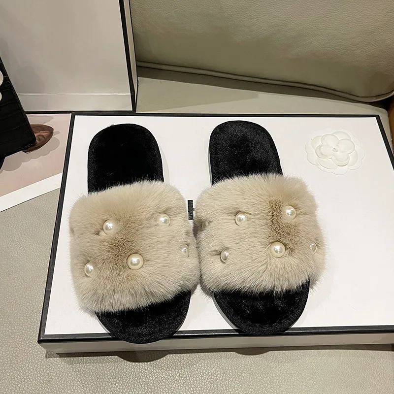 New Design Open toe Indoor women winter warm shoes slides plush flat slipper Beauty Cute fur slippers