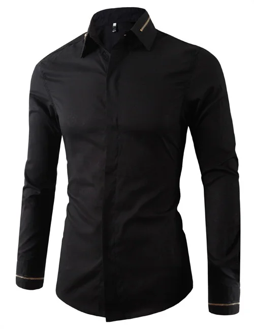 
Fashion trend new zipper decoration pure white black handsome long-sleeved mens shirts 