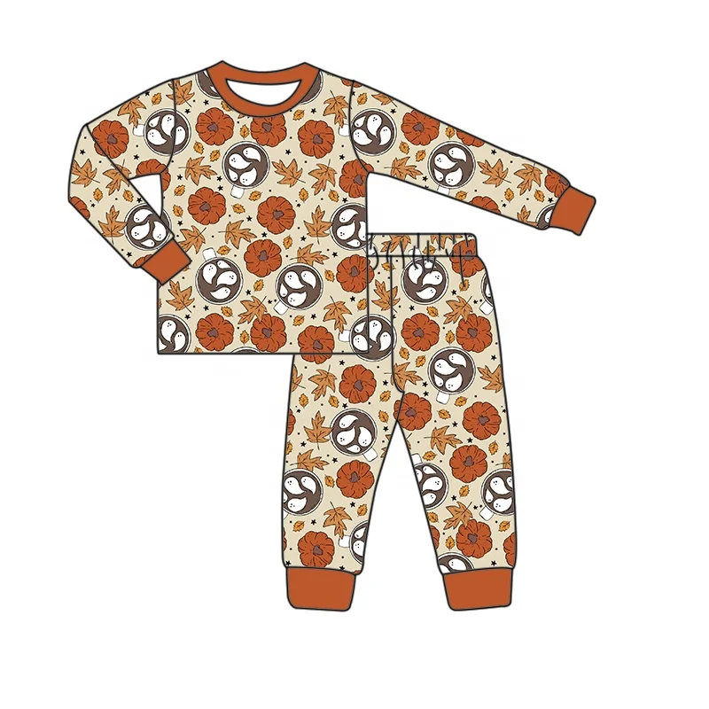 Cute baby outfit children bamboo fiber hazelnut pumpkin print pajama set baby round neck long sleeved two piece set