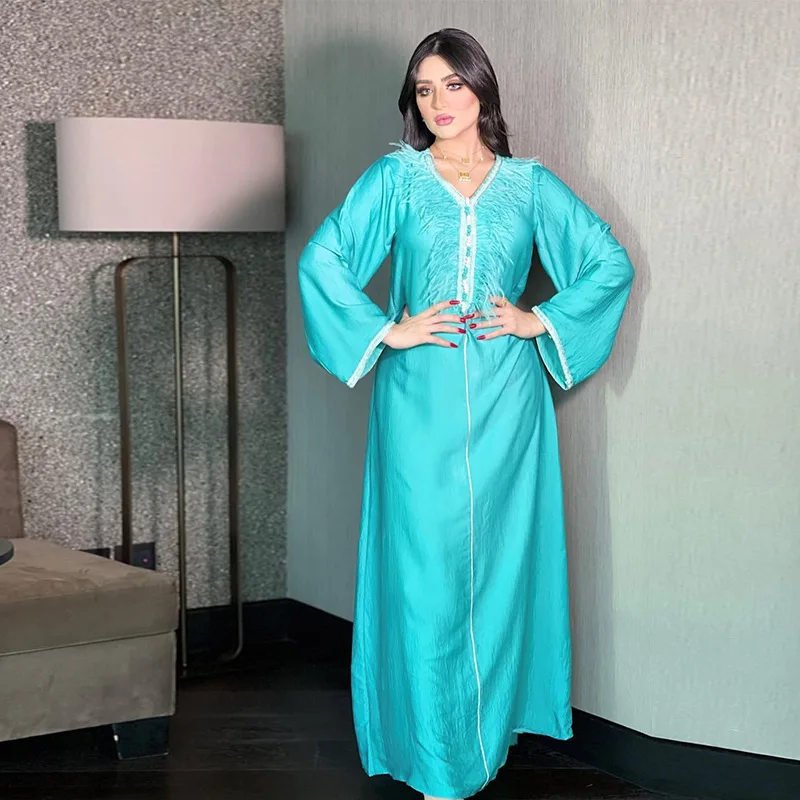 kaftan Abaya Muslim Dress Plain Women Fashion Jubah Long Sleeve Elegant Belted Irregular Dresses Swing Muslim Long Dress