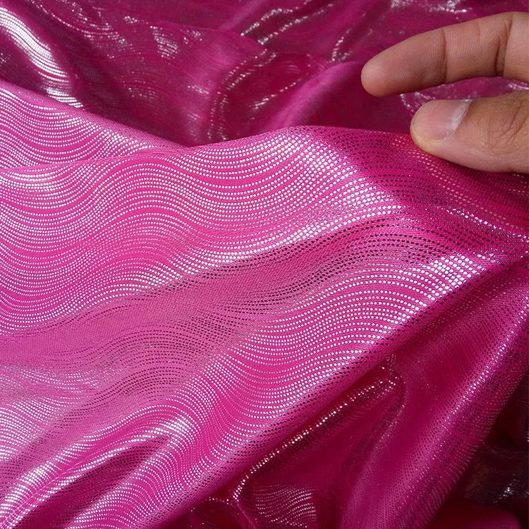 Wholesale Glitter Two Way Stretch Laser Stripe Foil Coated Satin Jersey Silver Dot Wave Swimming Knitting Polyester Fabric