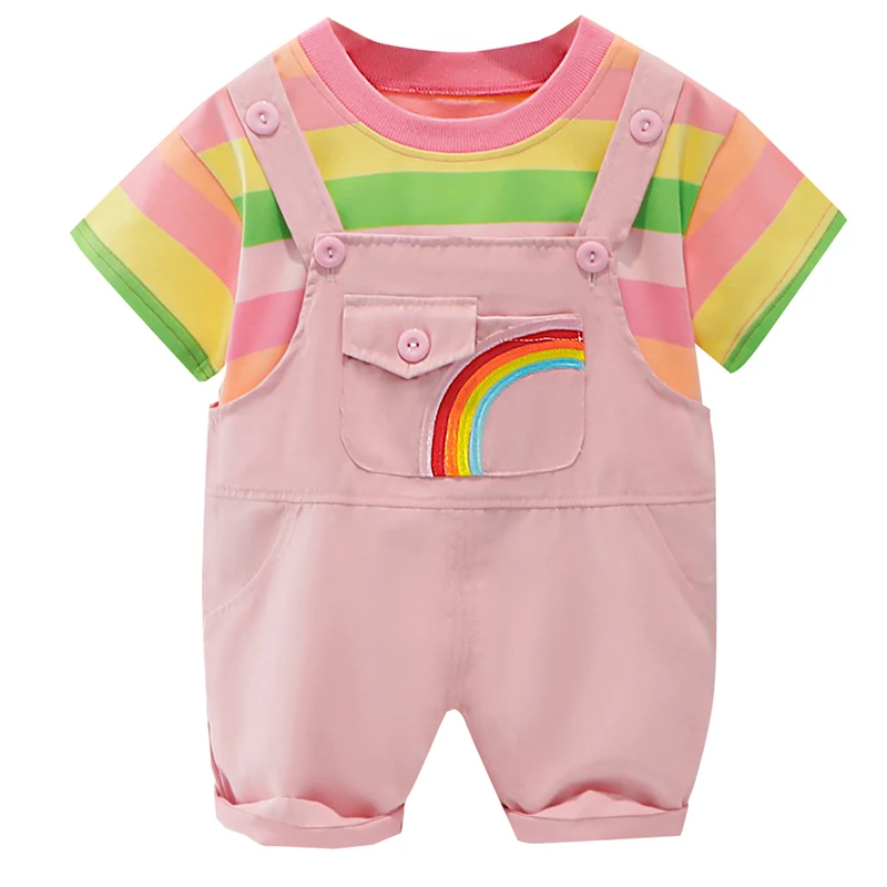 Baobaotong/комплект летней детской одежды с короткими рукавами 2021 г., летний комплект с короткими рукавами, милые подтяжки с радужным узором, детская одежда