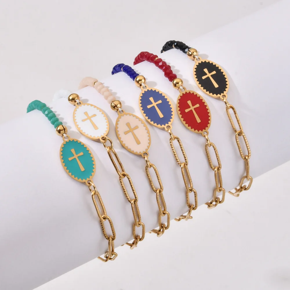 Boho New Crystal Glass Beads DIY Handmade Stainless Steel Paperclip Chain Enamel Cross Charm Bracelet for Women Fashion Jewelry