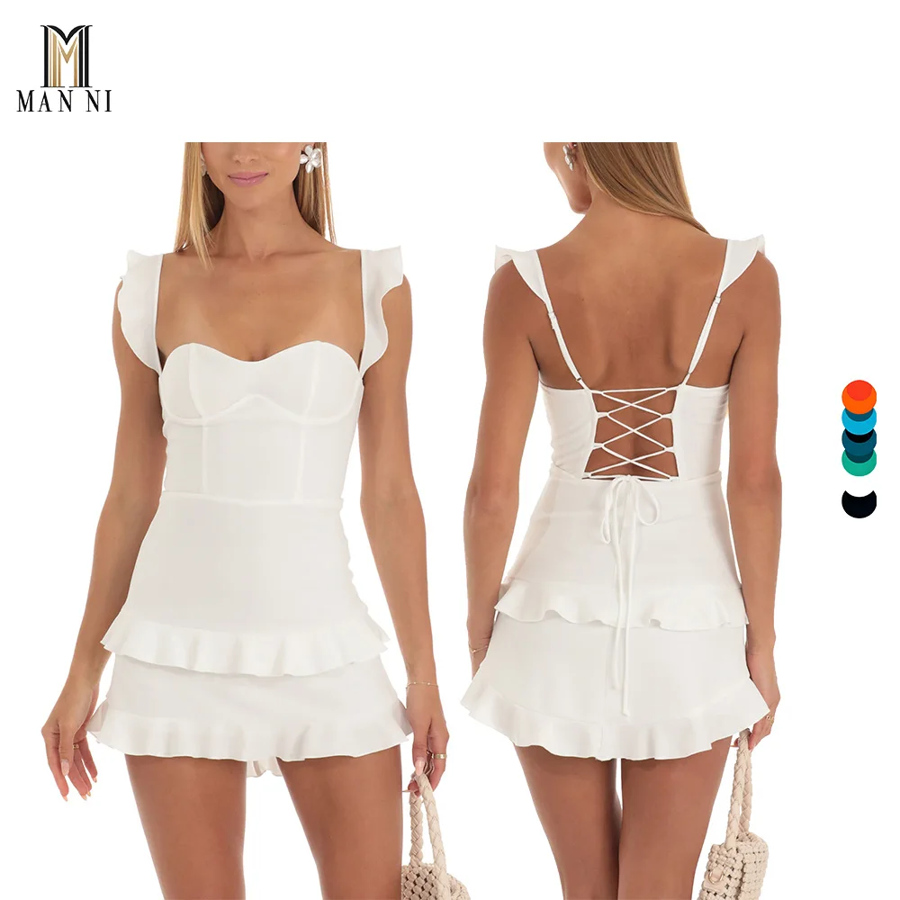 MANNI Stand Collar Bandage Dresses Sexy Outfits Mini Solid PU Leather Dress