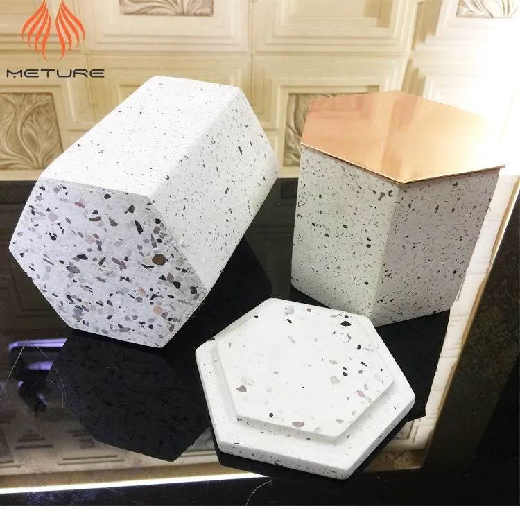 Large hexagon shape white terrazzo cement candle jar with metal lids