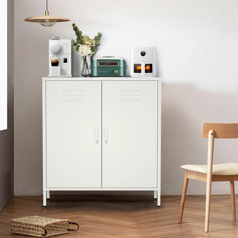 Modern Style Sideboards Metal Buffet Side Cabinet Kitchen Storage Cabinet Steel White Storage Locker,Knock Down,Medium Height