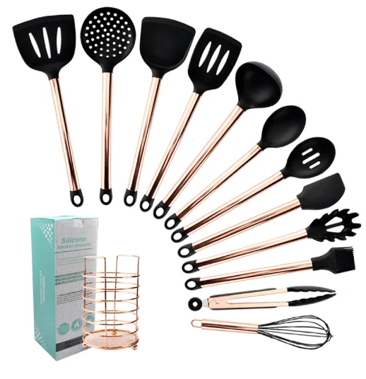 Food Grade 13 Pieces Rose Gold Copper Stainless Steel Handle Silicone Kitchen Utensils Set With Holder