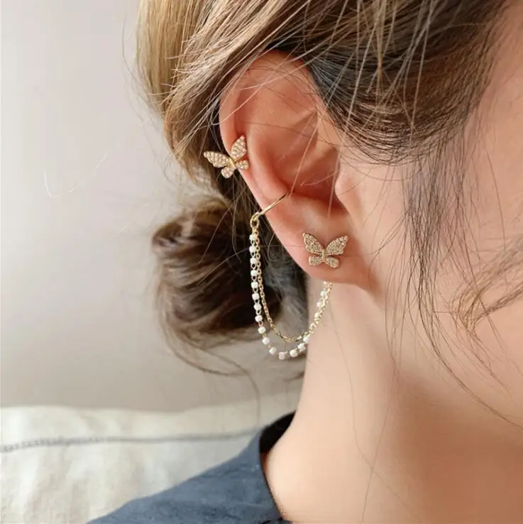 Korean Elegant Cute Rhinestone Butterfly Stud Earrings For Women Girls Fashion Chain Jewelry Gifts