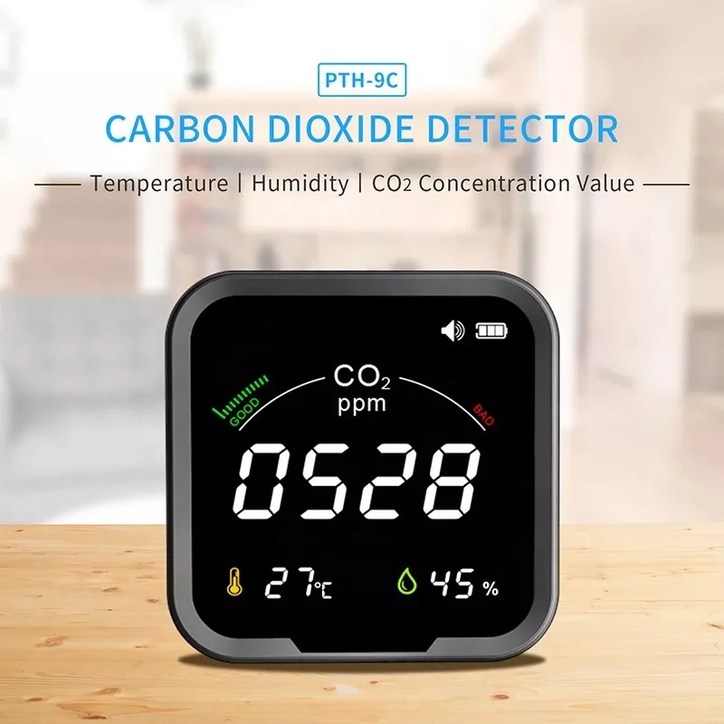 PTH-9C CO2 Detector NDIR 2400mAh Rechargeable Air Quality Monitor Carbon Dioxide Monitoring with Alarm and Low Power Remind