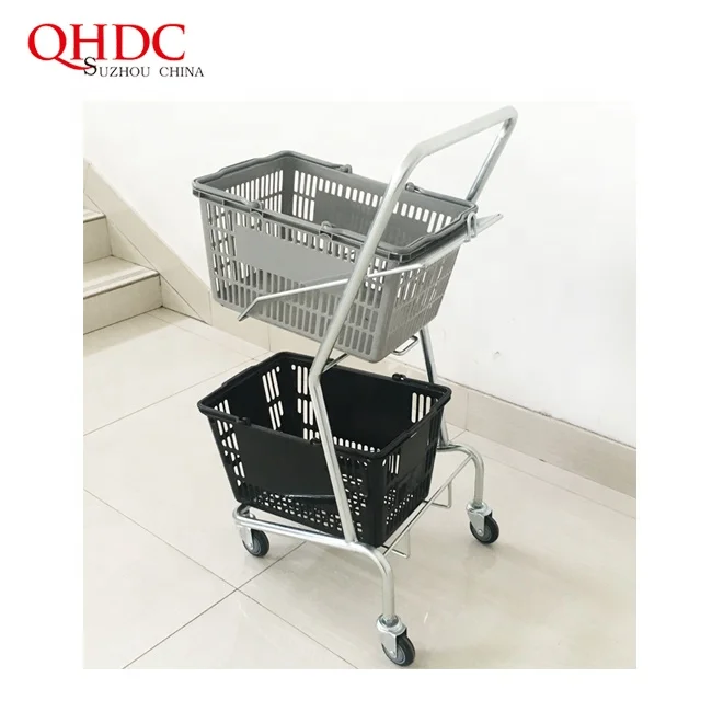 Supermarket Basket Trolley Two Tier Small Shopping Cart With Plastic Basket Shop Cart
