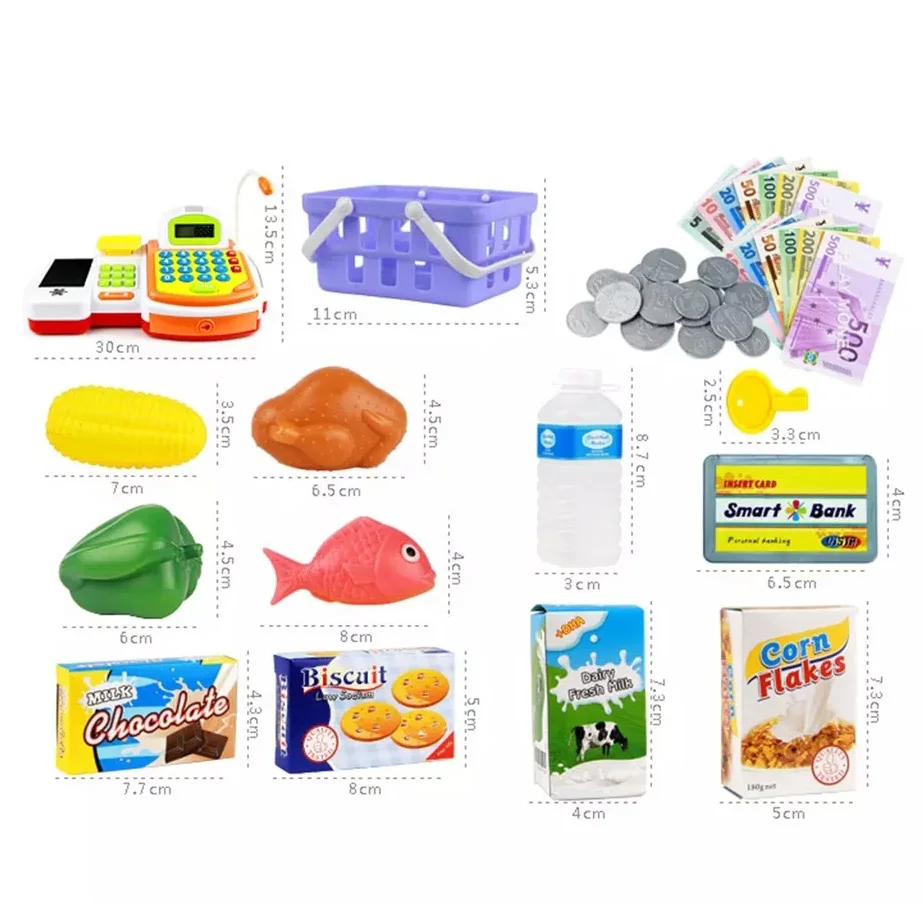 Children Cash Register Pretend Play Supermarket Shop Toys Cashier Calculator Set Scanner,Credit Card,Play Food,Money