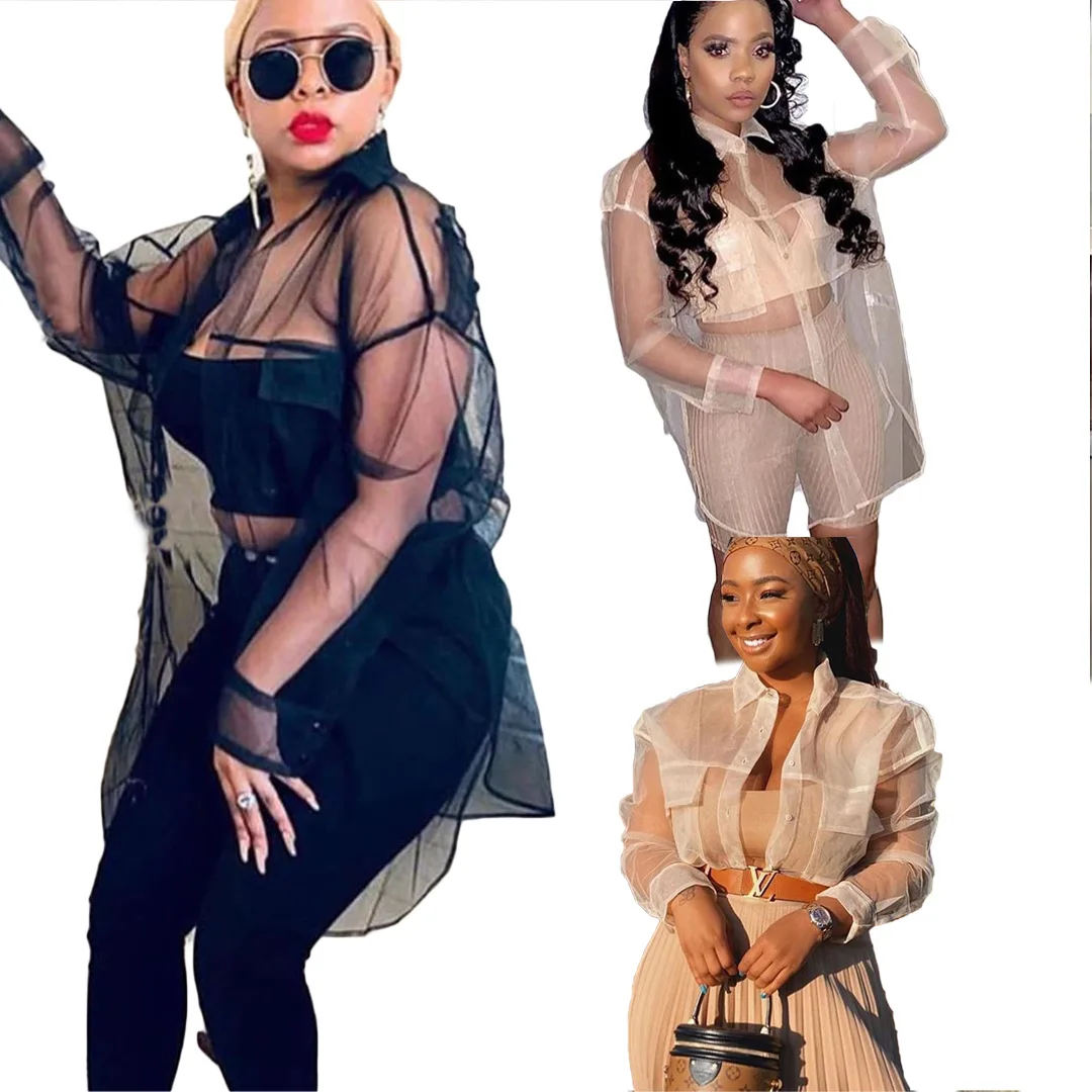 Hot Sale Women Sexy Long Sleeve Loose See Through Mesh Blouse 2021 New Arrivals Ladies Club Retro Transparent Organza Shirts