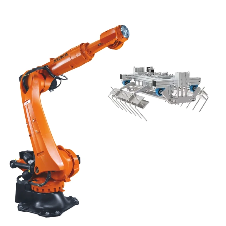 The 6-axis pick-up industrial robot KUKA KR250 R2700-2 handles ground rails in the factory with Schunk grippers and CNGBS robots