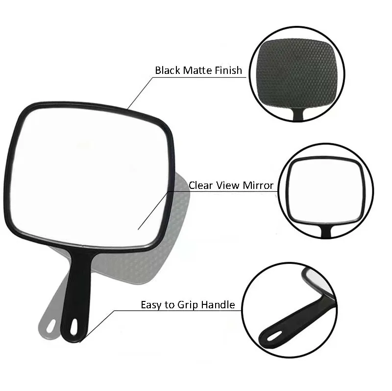 Compact Large Black Mirror Hair Salon Hand Mirror Plastic Square Handheld Mirror for Barber Hairdressing Lash Salon