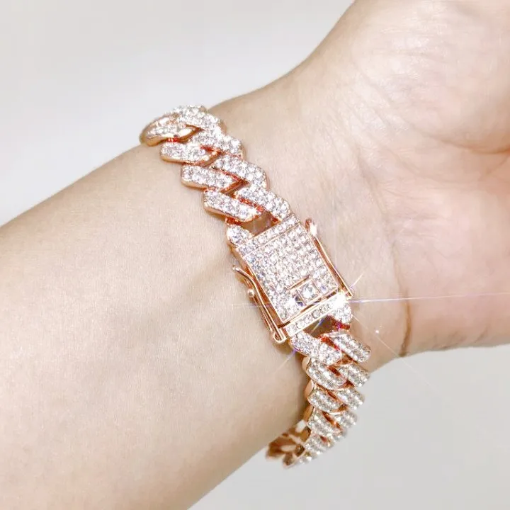 Hot selling hip hop jewelry Cuban Diamond Bracelet Chain 14mm diamond Gold plated Bling Rhinestone Cuban Link Chain Bracelet