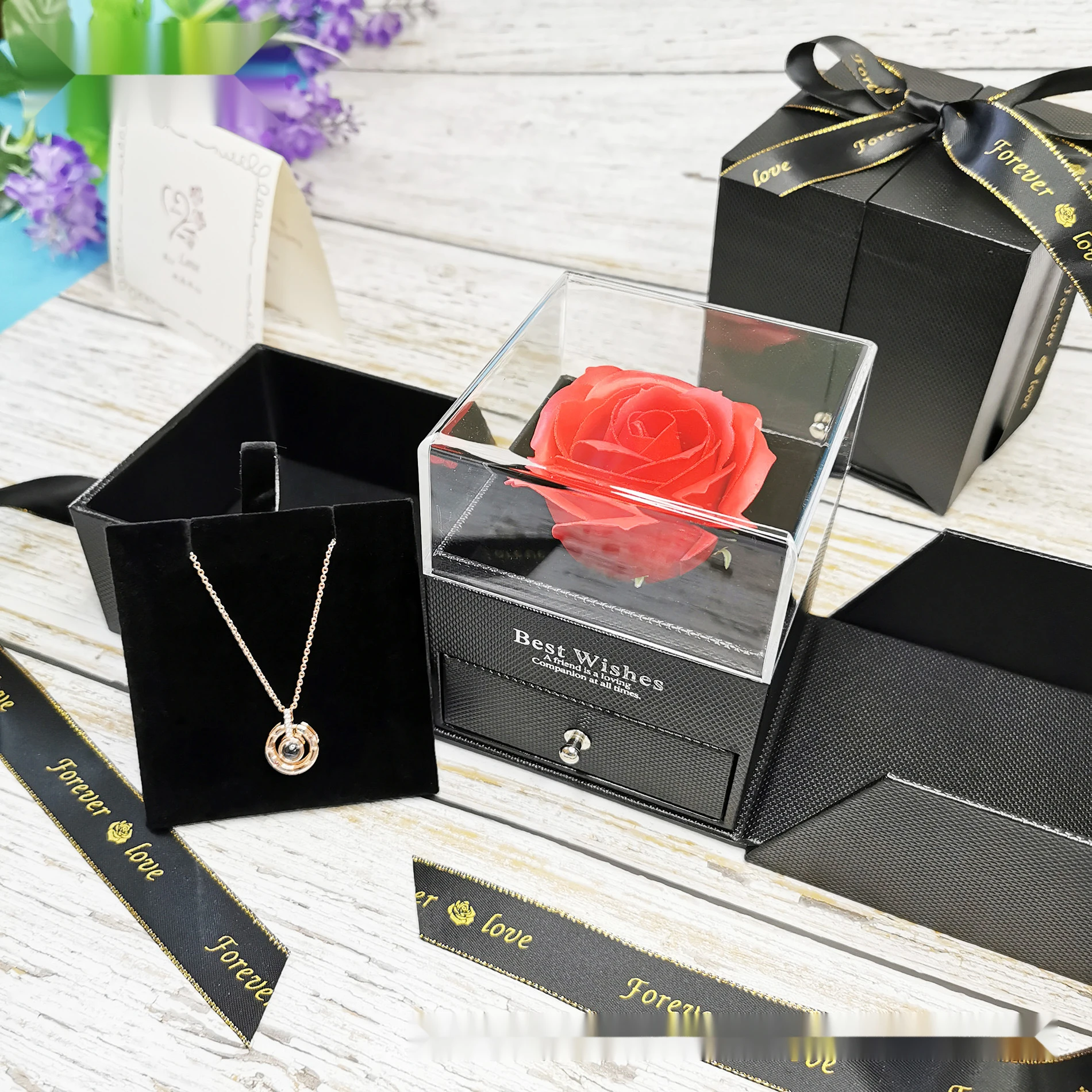 Blue Real Rose With I Love You Necklace Gifts Set Eternal Forever Handmade Soap Rose Enchanted Flower Gift Acrylic Box