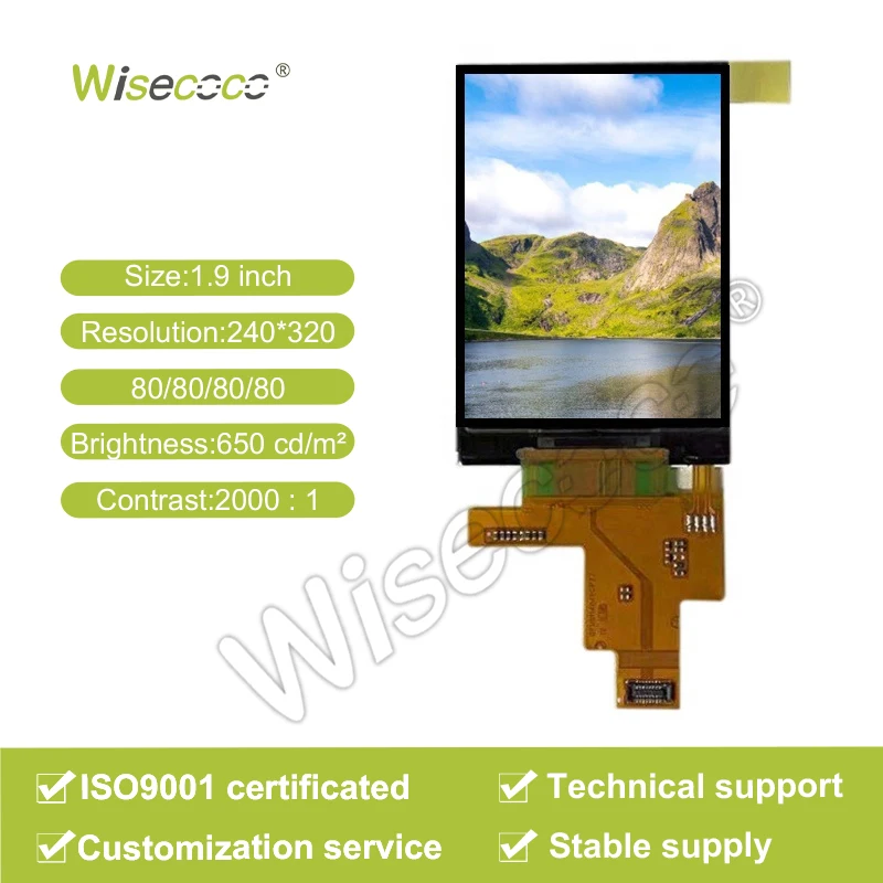 Wisecoco In Stock 1.9 Inch High Contrast 240*320 Mipi 16Pins 650cd/m2 Lcd Module Display Support Custom Touch For Medical Grade