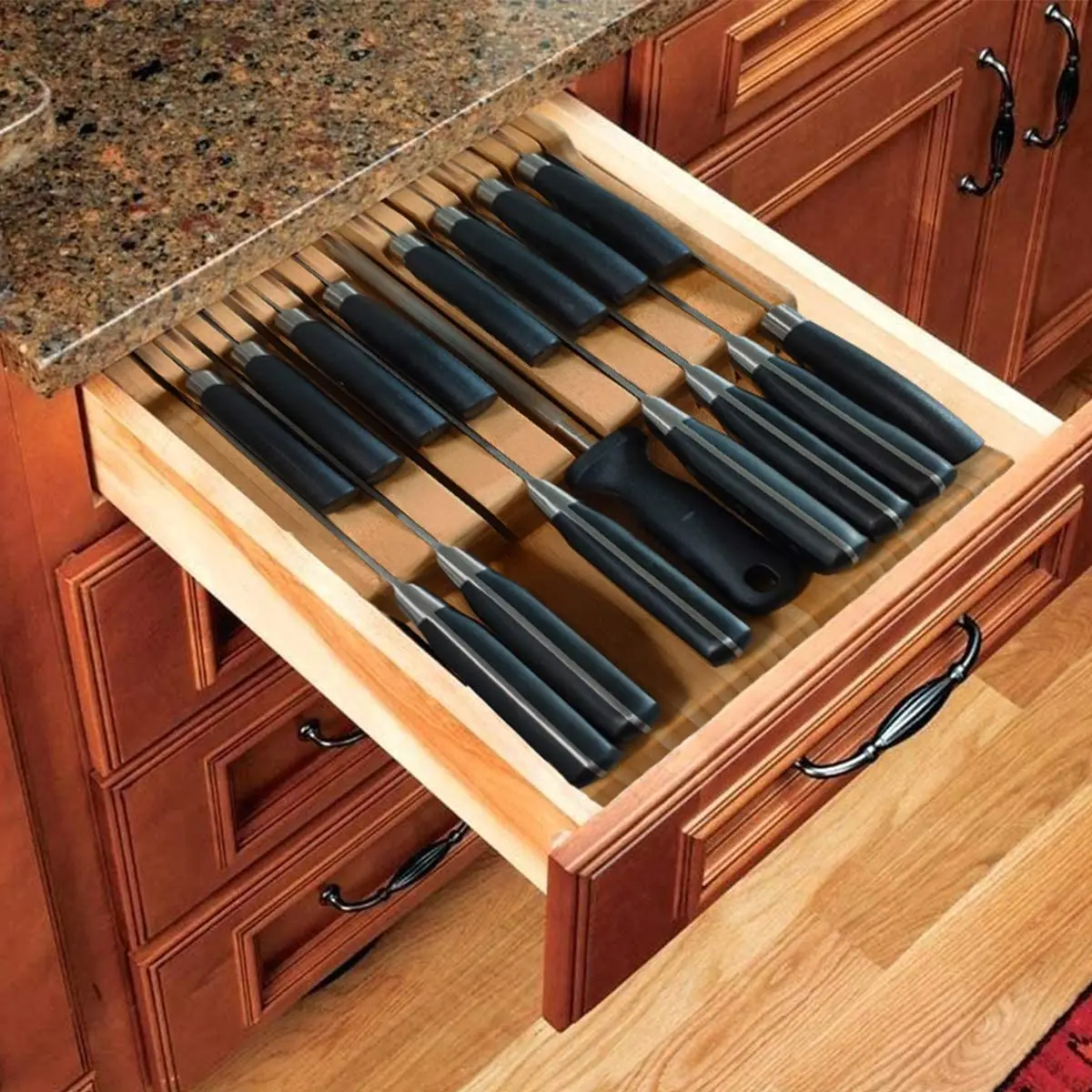 In-Drawer Bamboo knife block, Knife Organizer and Holder with Slots for 16 Knives and 1 Sharpening