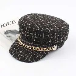 Ready To Ship Classic Women British Flat Top Army Cap Fashion Plaid Chain Military Hat Vintage Newsboy Beret Wholesale
