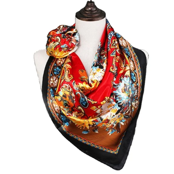 Floral Silk Scarf Hijab Full Screen Print 90*90cm Women Polyester Silk Stain Scarf Custom