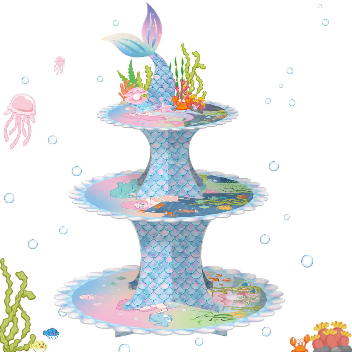 Mermaid Cake Stand 3 Tier Mermaid Party Supplies Mermaid Tail Cupcake Stand for Girls Underwater Theme Party